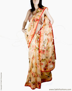 DPR-3922 - Beige & Orange Pure Organza Silk Saree