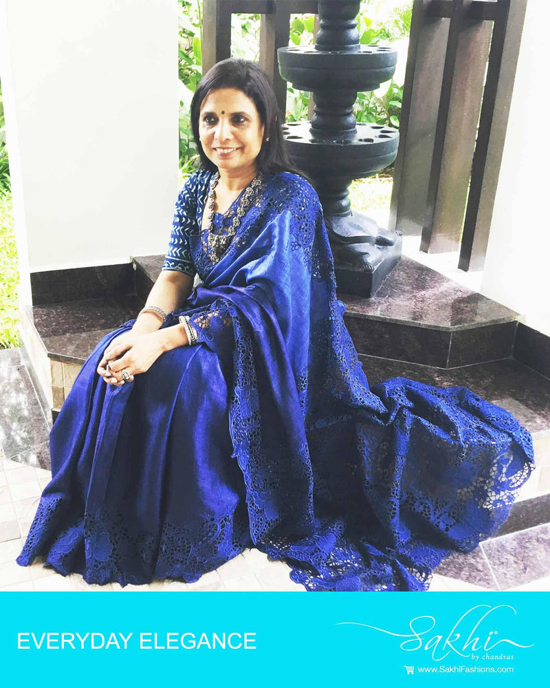 DPP-17675 - Blue & Blue Pure Tussar Silk Saree