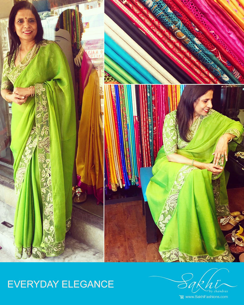 EDPQ-1312 - Green & Beige Pure Chiffon Silk Saree