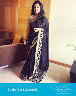 EDPQ-22115 - Black & Beige Pure Chiffon Silk Saree