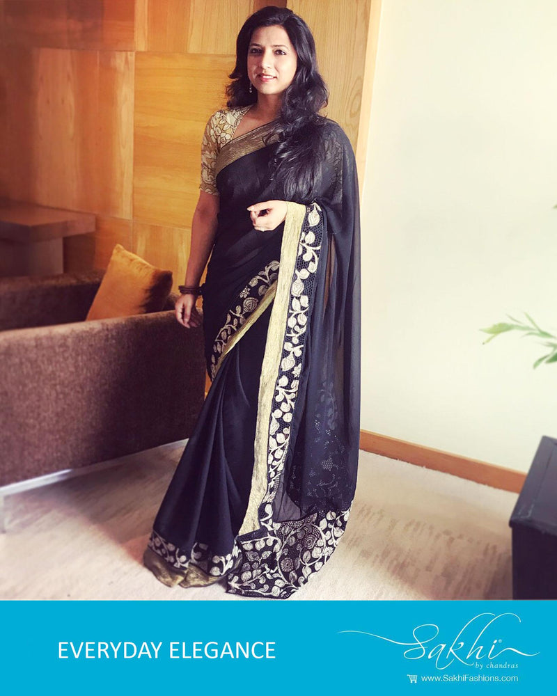 EDPQ-22115 - Black & Beige Pure Chiffon Silk Saree