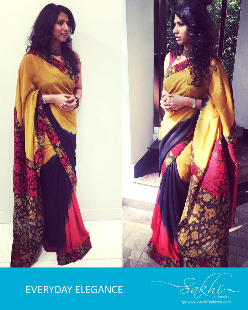 EE-P101 - Multi & Yellow Pure Chiffon Silk Saree