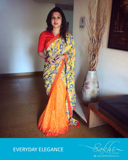 EE-R0205 - Orange & Yellow Synthetic Net Saree