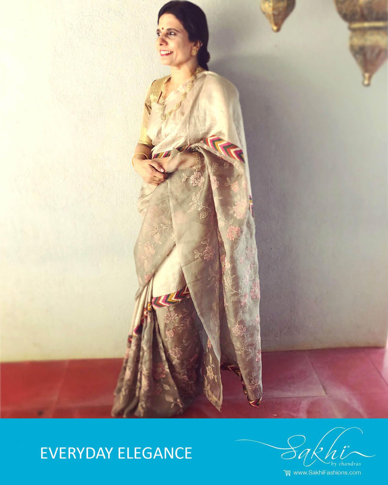 EE-R1012 - Grey & Multi Pure Organza Silk Saree