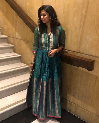 EE-R10275 - Green & Beige Synthetic Silk Dress