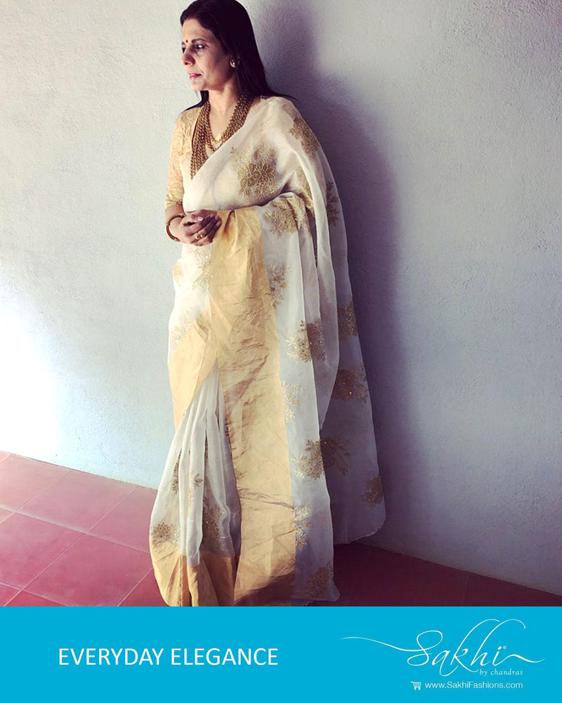 EE-R1092 - White & gold pure Organza silk saree