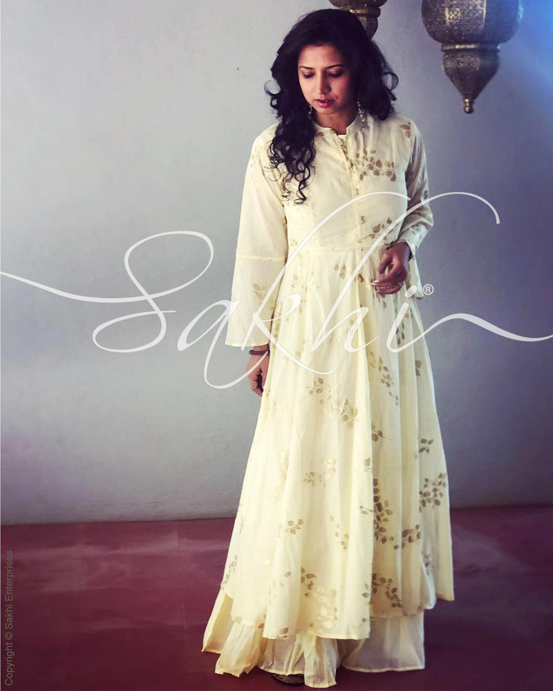EE-R1214 - Yellow  & Gold  Cotton  Readymade Dress