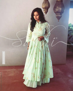 EE-R1216 - Sea Green & Gold  Cotton  Readymade Dress