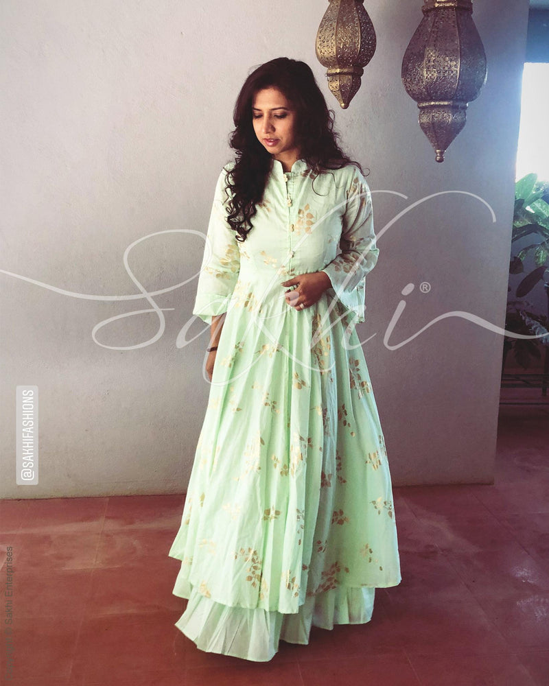 EE-R1216 - Sea Green & Gold  Cotton  Readymade Dress