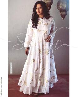 EE-R1218 - White & Gold  Cotton  Readymade Dress