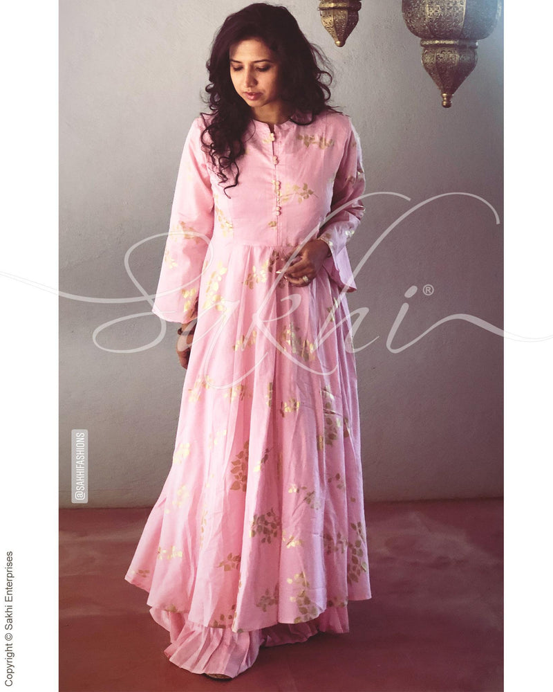 EE-R1220 - Pink & Gold  Cotton  Readymade Dress
