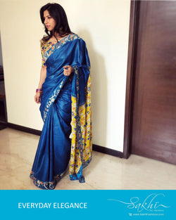 EE-R1238 - Blue & Yellow Pure Tussar Silk Saree