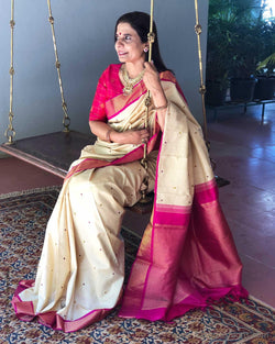 EE-R1356 - Cream pure Kanchivaram Silk  Saree