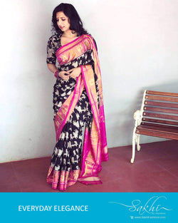 EE-R1360 - Black & Pink Pure Silk Saree