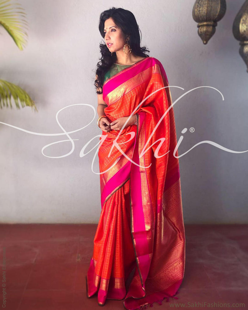 EE-R13613 - Orange &  Pure Kanchi Silk Saree