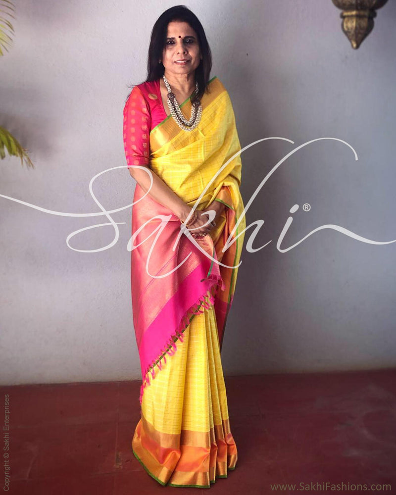 EE-R13623 - Yellow &  Pure Kanchi Silk Saree