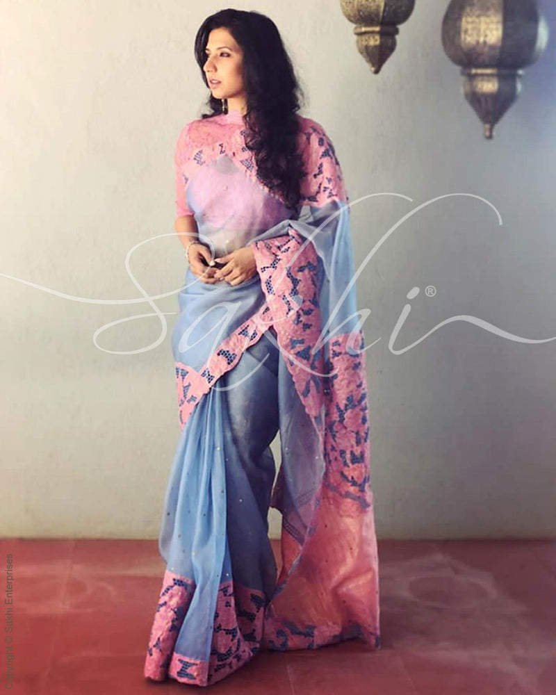 EE-R20598 Blue pink Organza sari