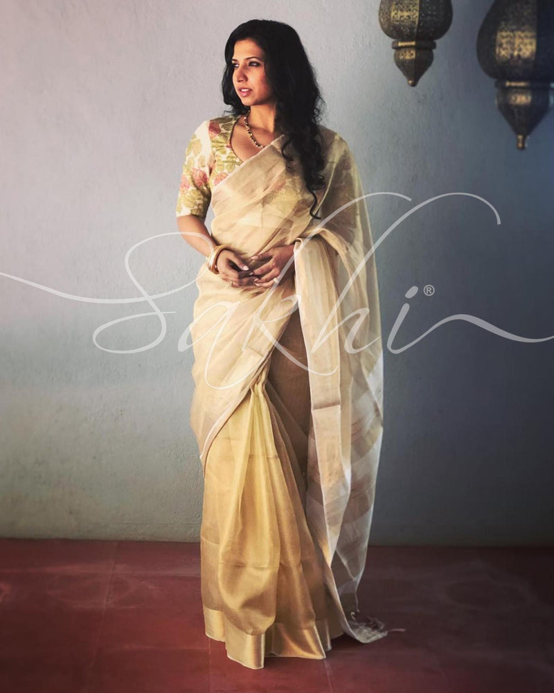 EE-R20602 - Gold & white Tissue Kota saree
