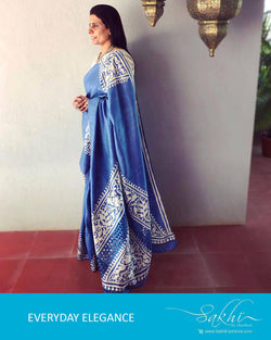 EE-R22583 - Blue & beige Tussar silk Cutwork saree