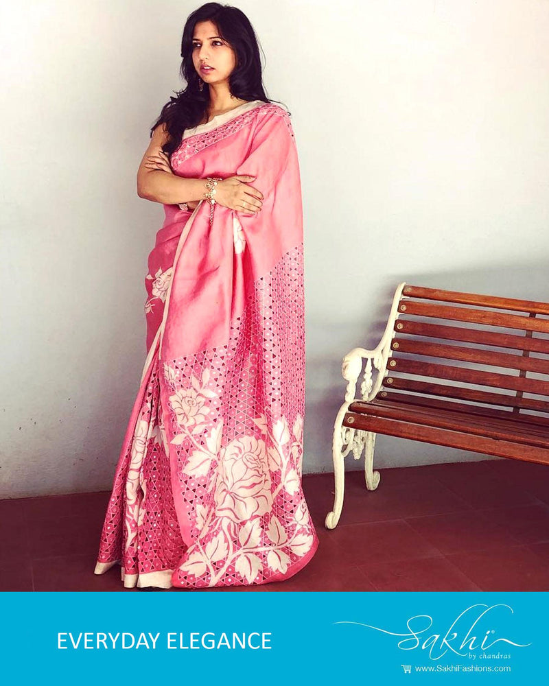 EE-R22662 Pink Silk Cutwork sari