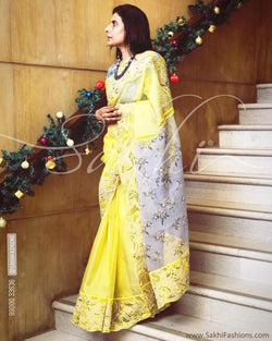 EE-R22980 -  Yellow & grey pure Organza silk saree