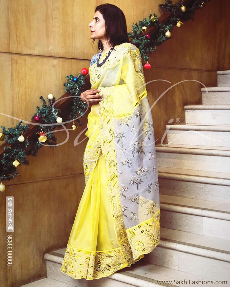 EE-R22980 -  Yellow & grey pure Organza silk saree