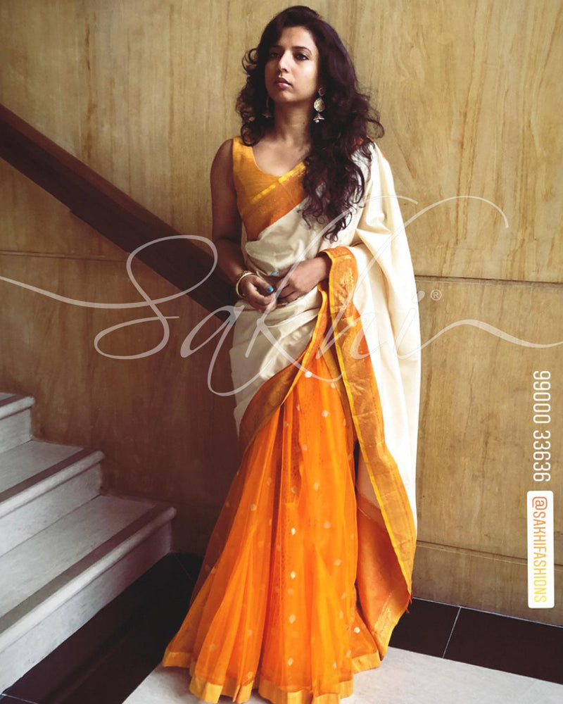 EE-R23051 - Orange & Cream Pure Kanchivaram  Silk Saree