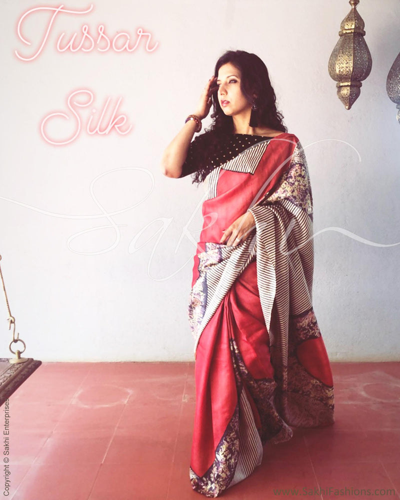 EE-R23154 - Red & Multi PureTussar Silk Saree