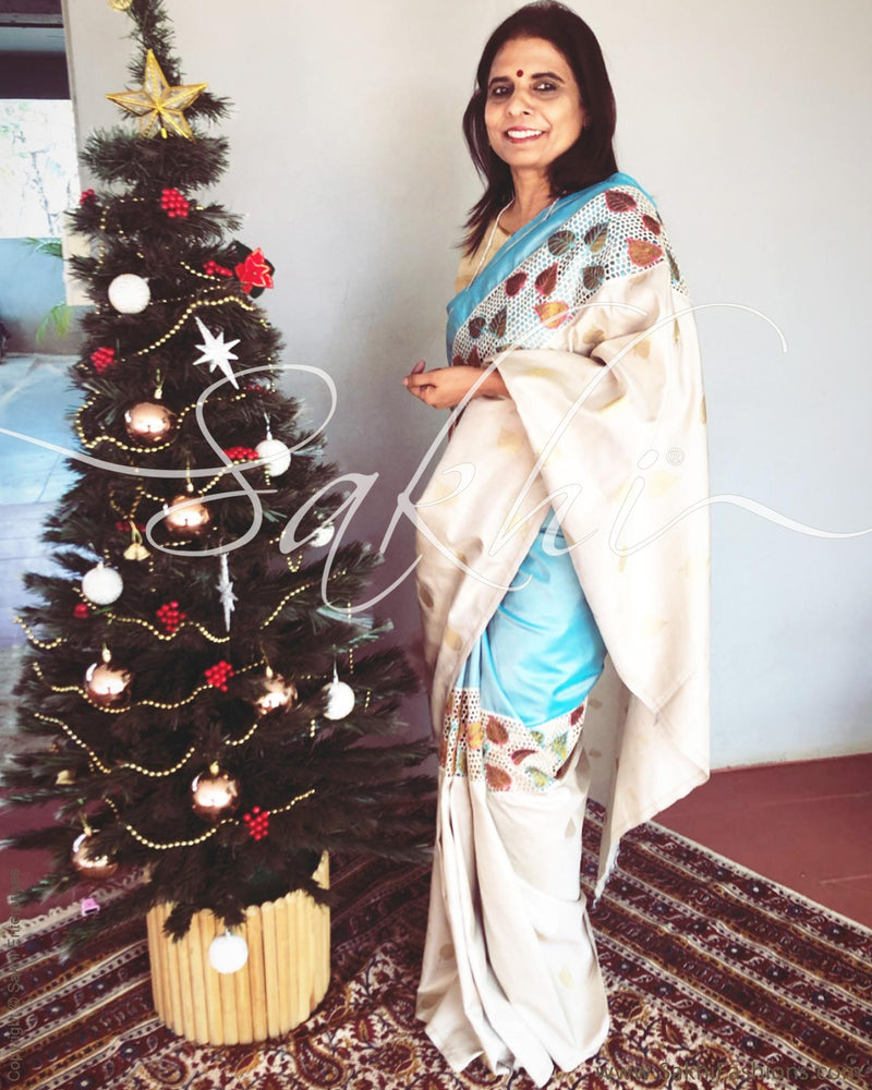 EE-R23437 - Blue & Cream Pure Kanchivaram Silk Saree