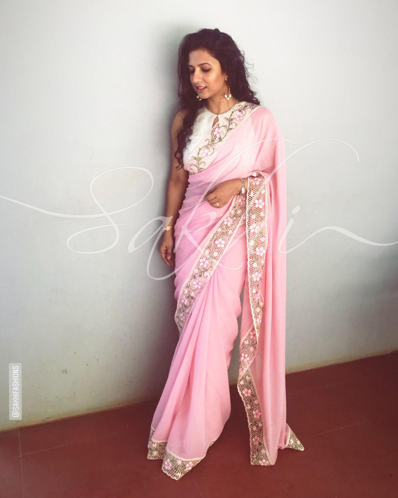 EE-R24671 - Pink &  Pure Chiffon  Saree