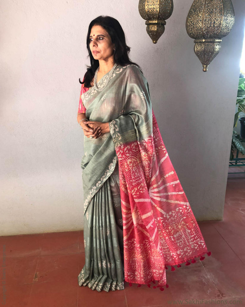 EE-R24778 - Green & Pink Pure Munga Cotton Saree