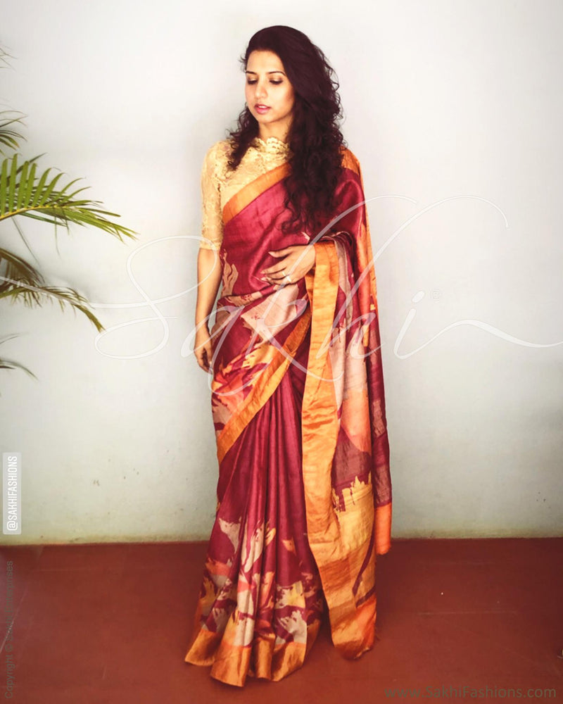 EE-R26077 - Maroon &  Pure Tussar Saree