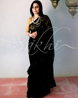 EE-R26533 - Black french Lace saree