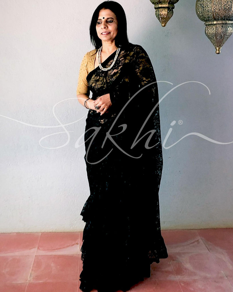 EE-R26533 - Black french Lace saree