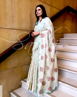 EE-R27821 - Beige Green &  Pure Organza Silk Saree