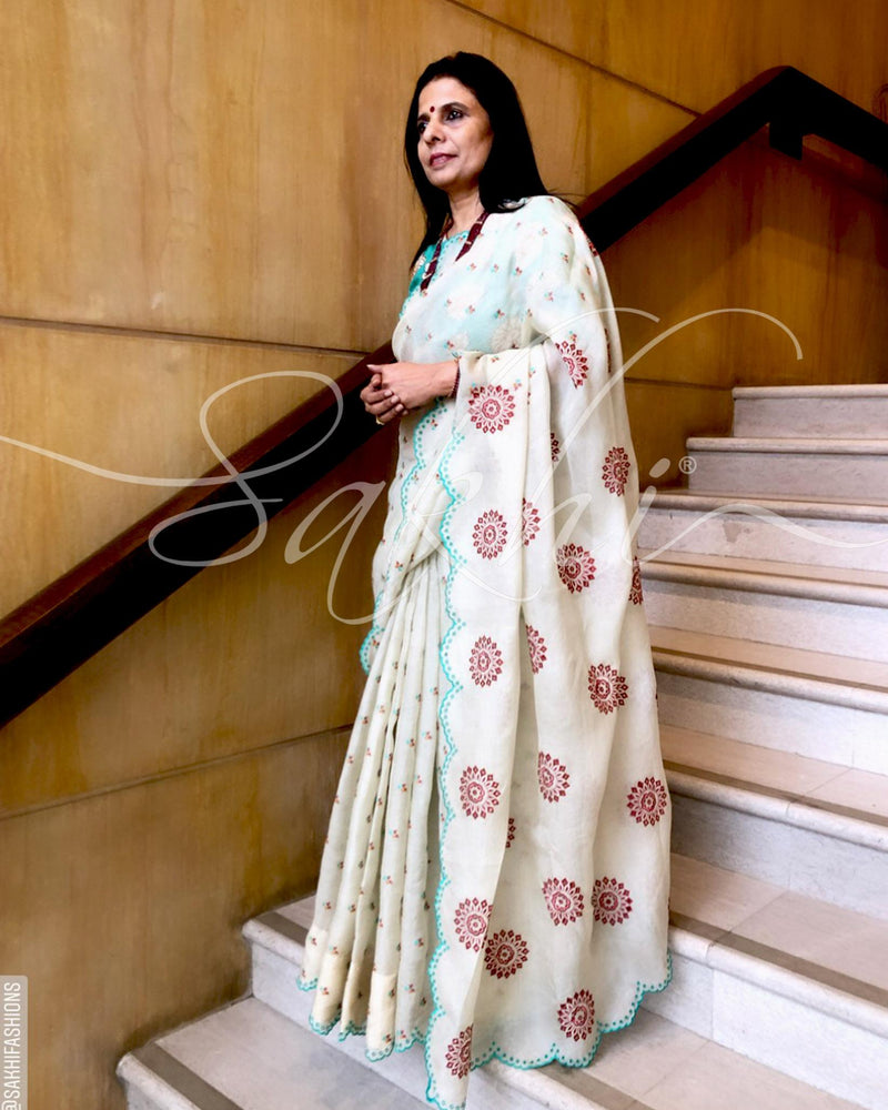 EE-R27821 - Beige Green &  Pure Organza Silk Saree