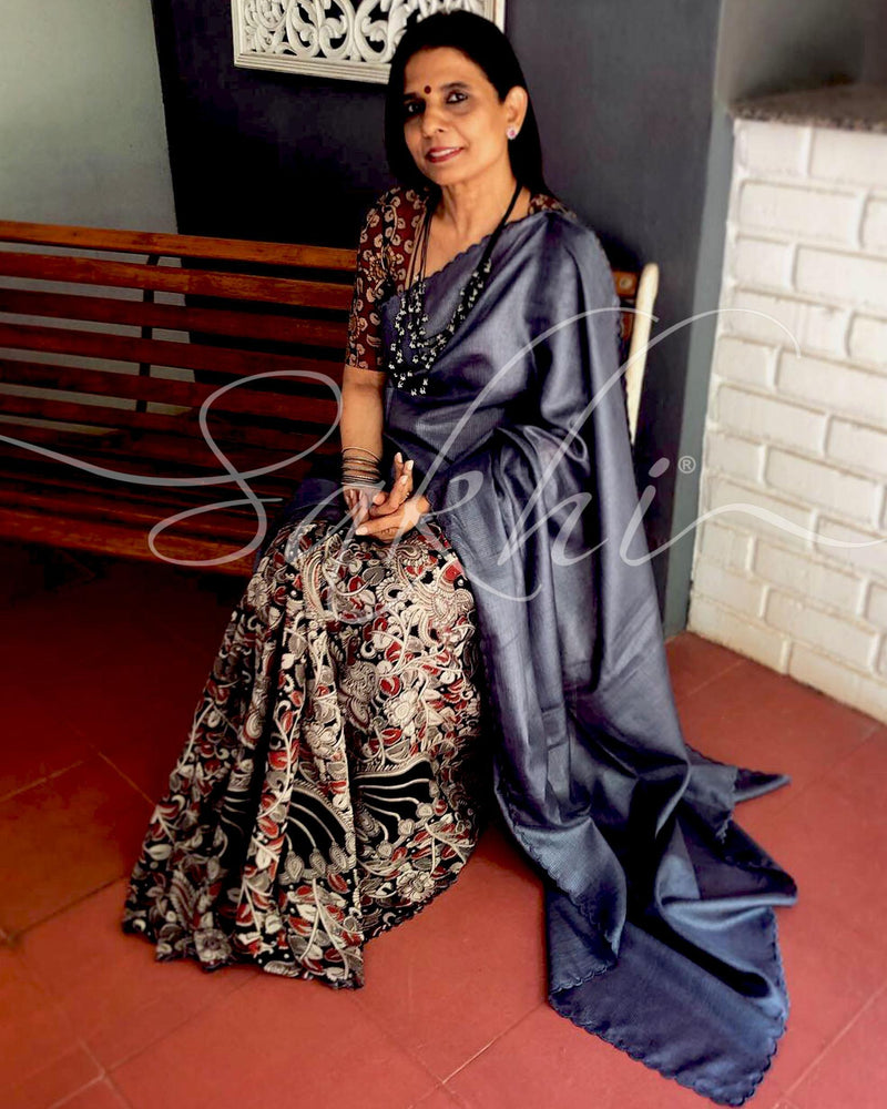 EE-R28026 Grey Kalam Tussar Saree