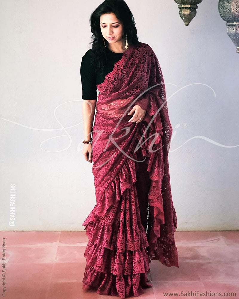EE-R28062 - Maroon pure French Lace Saree