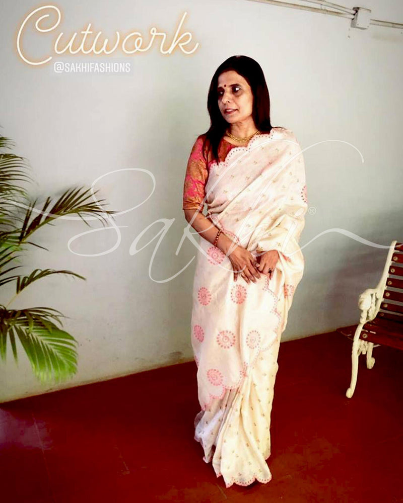 EE-R28175 - Cream pure Tussar saree
