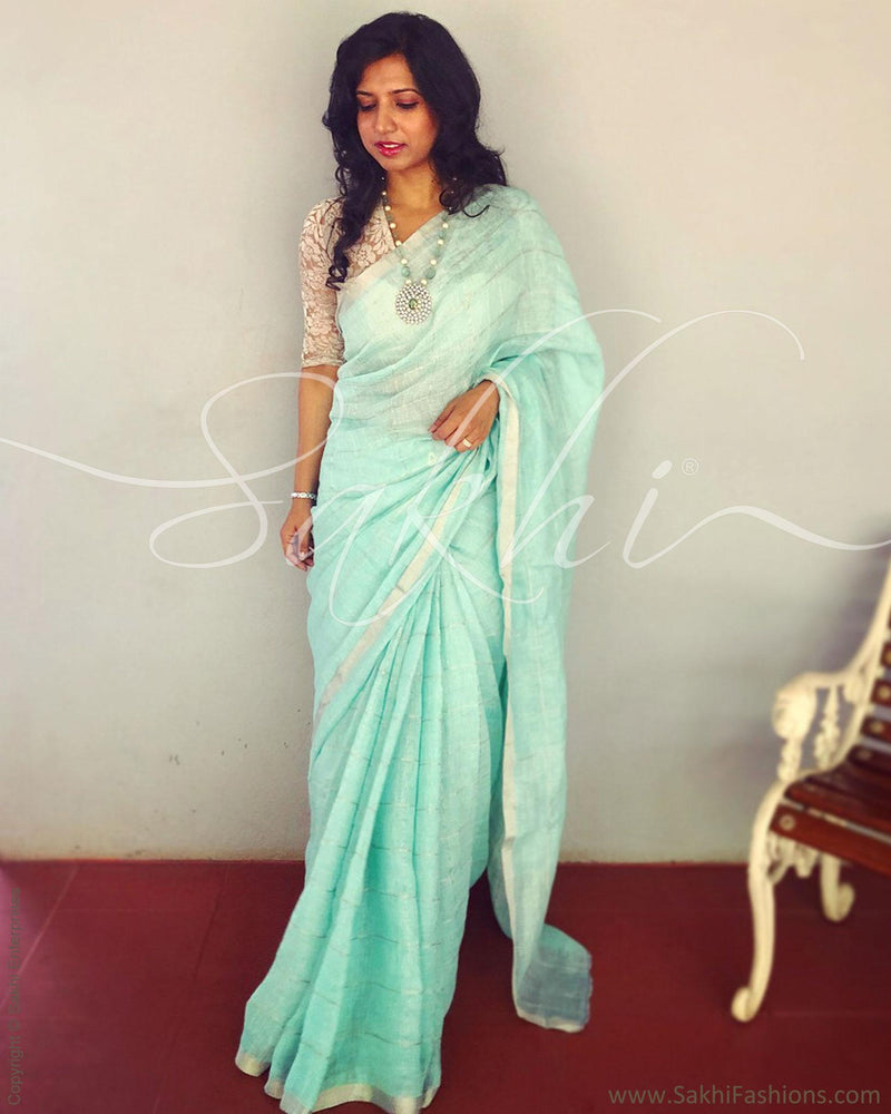 EE-R3137 - Green & Silver Pure Linen Saree