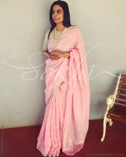 EE-R3138 - Pink & Silver Pure Linen Saree