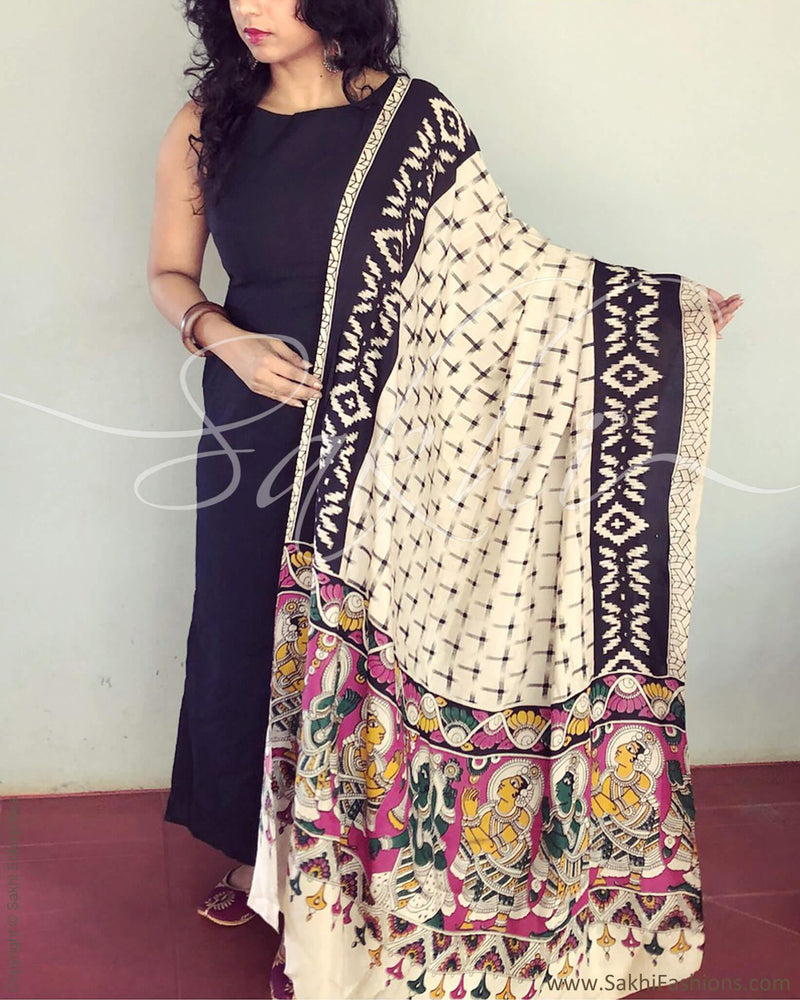 EE-R4418 - Beige & Multi Silk & Cotton Dupatta