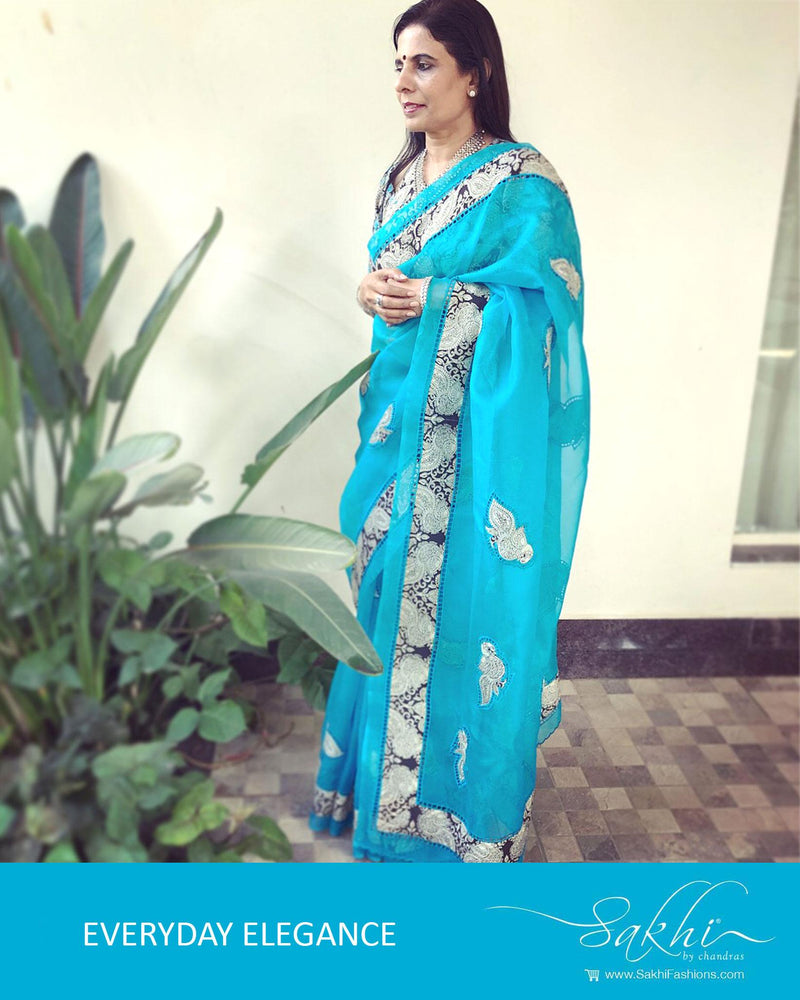 EE-R502 - Blue & Black Pure Organza Silk Saree