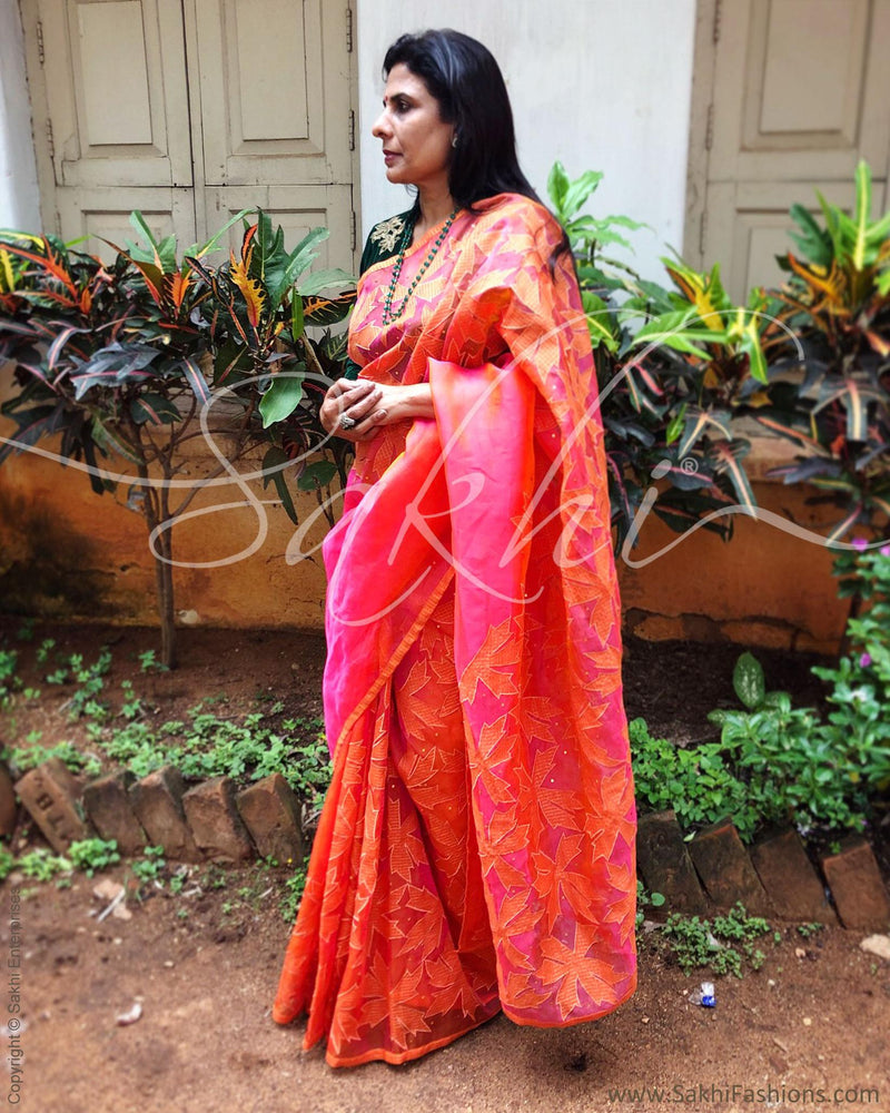 EE-R6299 - Peach & Orange Organza Silk Saree
