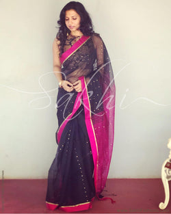 EE-R6637 - Black & Pink Matka Saree