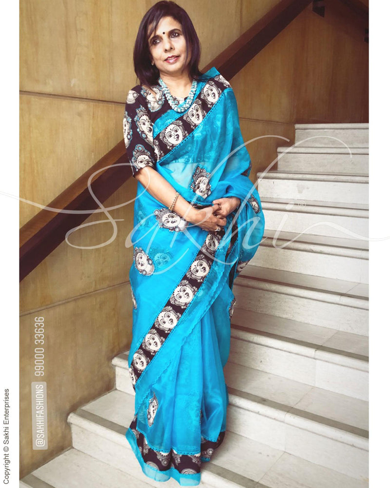 EE-R8482 - Blue  & Black Oragnza Saree