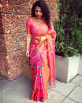 EE-R9299 - Peach & multi pure Organza silk saree