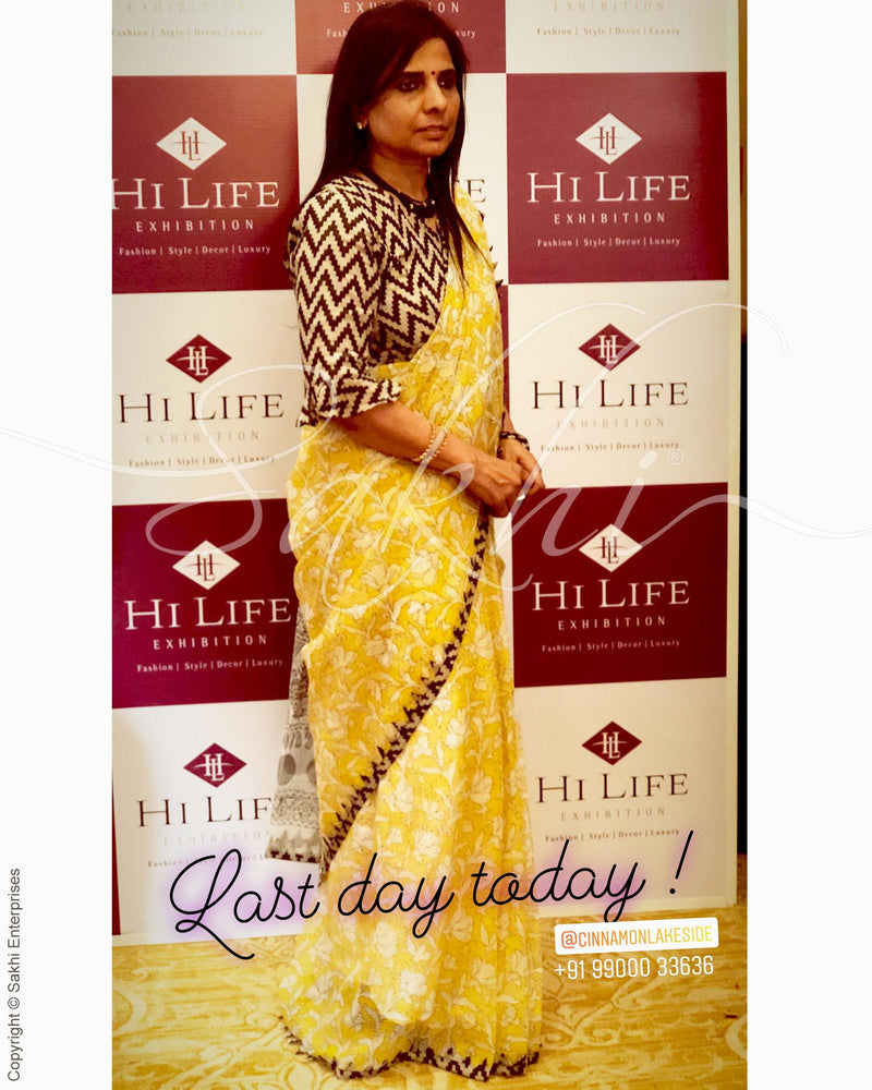EE-R9754 - Yellow & Brown Cotton  Saree