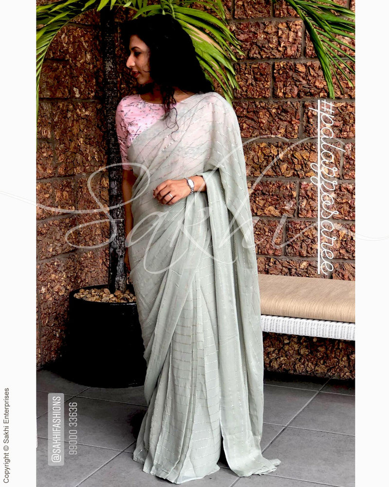 EE-R9991 - Grey & White Georette Saree