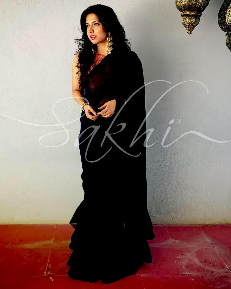 EE-S10605 - Black pink Faux Georgette saree
